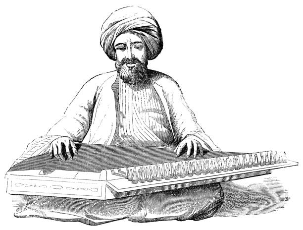 illustrations, cliparts, dessins animés et icônes de musicien jouant un instrument à cordes de qanun zither en israel - empire ottoman 19ème siècle - musical instrument string illustrations