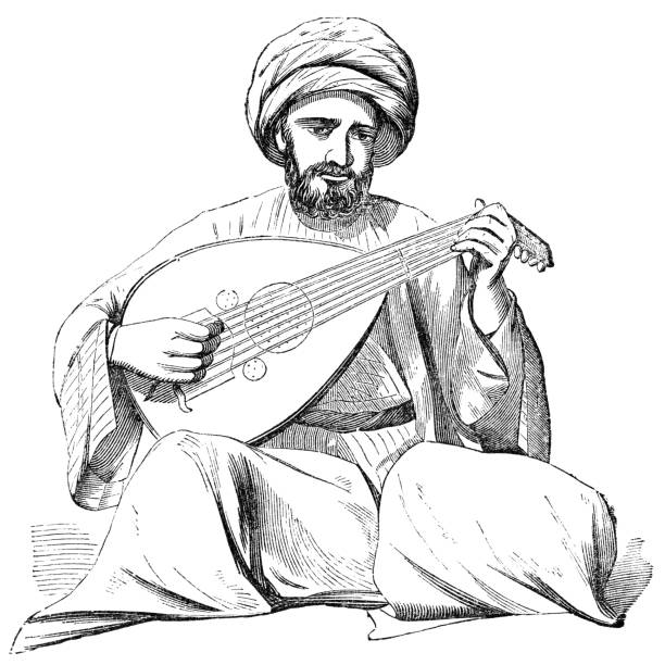 ilustrações, clipart, desenhos animados e ícones de músico que joga um instrumento da corda de oud em israel - império do otomano 19o século - musical instrument string illustrations