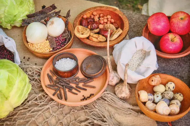 The food of the ancient Romans on the table, reconstruction. Salt, cereals, beans, apples, snails and cabbage. Food in the Roman Empire.