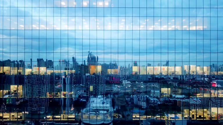 Aerial Modern office building at night