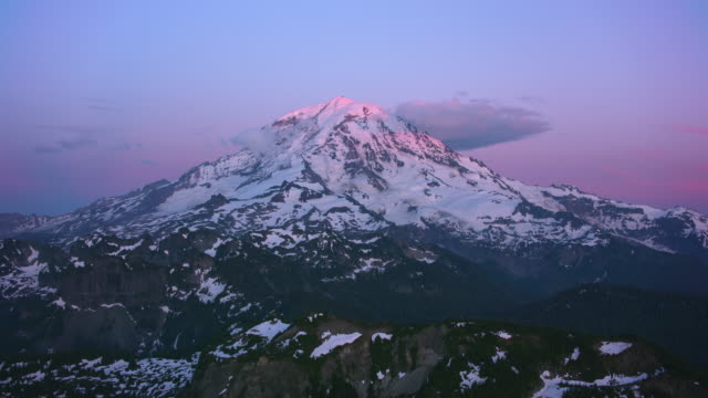 Aerial view of Mount Rainier at sunset.