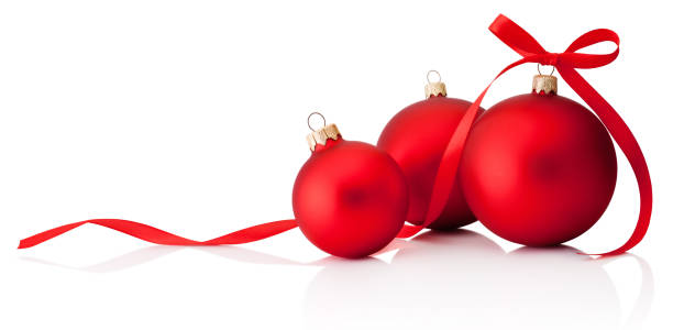 istock Three red Christmas decoration baubles with ribbon bow isolated on white background 1178196007