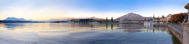 Colorful lake Luzern and town waterfront panoramic view Colorful lake Luzern and town waterfront panoramic view, amazing landscapes of Switzerland lucerne switzerland stock pictures, royalty-free photos & images