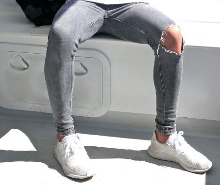 Slim Legs Of A Young Man Male Person With Gray Tight Jeans Pants ...