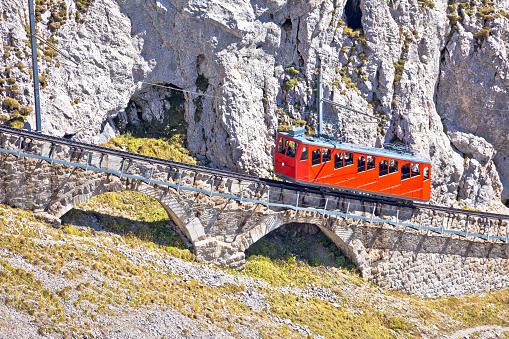 Mount Pilatus ascent on worlds steepest cogwheel railway, 48 percent, tourist landscape of Switzerland