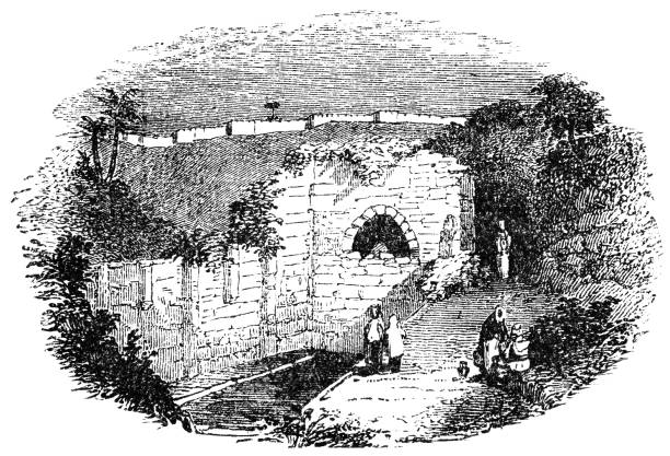 Pool of Siloam at the City of David in Jerusalem, Israel - Ottoman Empire 19th Century The Pool of Siloam at the City of David in Jerusalem, Israel. Vintage etching circa mid 19th century. pool of siloam stock illustrations