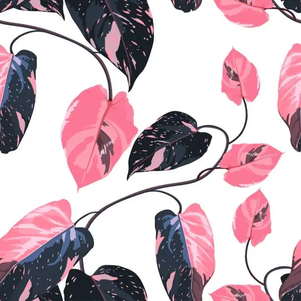 Vector illustration of Tropic summer painting seamless pattern with exotic pink liana branch. Trendy exotic flower wallpaper on white background.