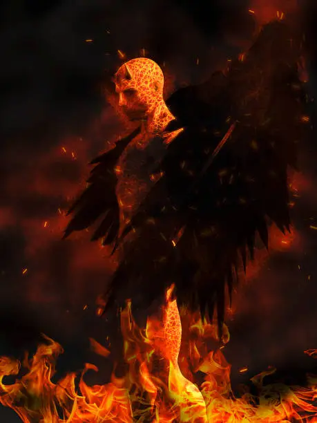 Illustration of the devil character in flames at dark background - 3d rendering