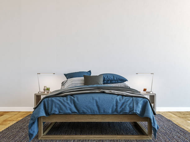 istock Horizontal mock up poster frame in modern interior background, luxury bed with clean blue bedding in modern bedroom, Scandinavian style, 3D render, 3D illustration 1178197606