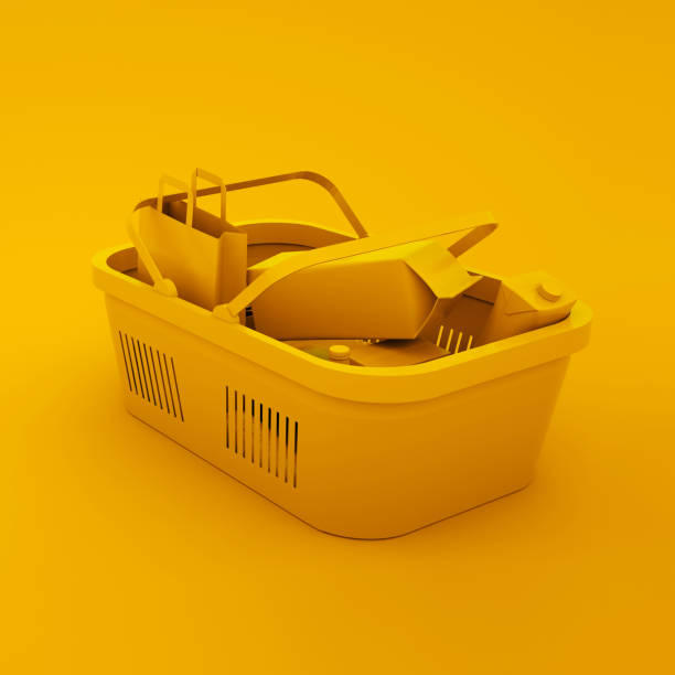 Shopping basket isolated on yellow background. Grocery background. 3d illustration.