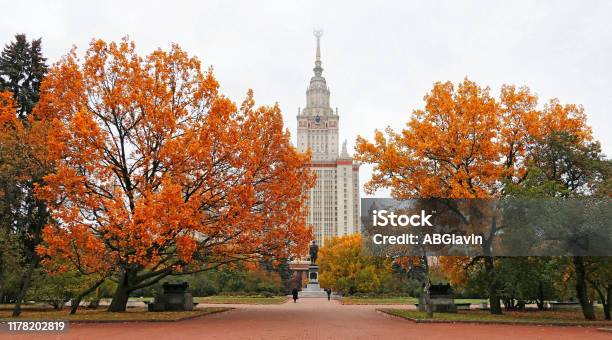 Vibrant High Contrast View Of Golden Autumn In Campus Of Famous Russian University With Two Yellow Red Oak Trees Stock Photo - Download Image Now