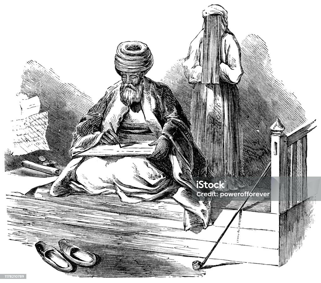 學者在黎巴嫩貝魯特撰寫阿拉伯文 - 奧斯曼帝國 19 世紀 - 免版稅阿拉伯文化插圖檔
