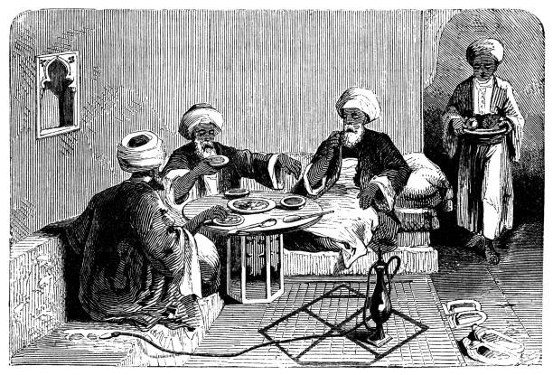 mężczyźni w restauracji w sydonie, liban - imperium osmańskie 19th century - sidon stock illustrations