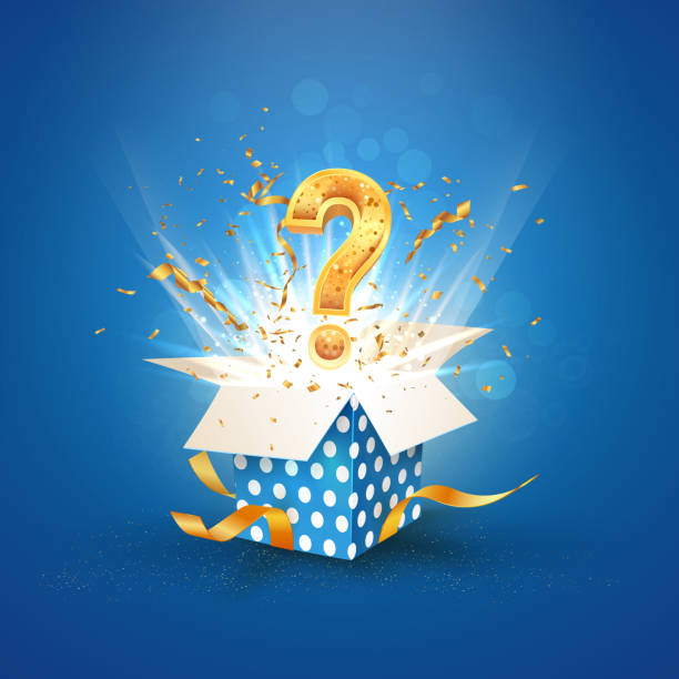 ilustrações de stock, clip art, desenhos animados e ícones de open textured blue box with question sign and confetti explosion inside and on blue background mystery giftbox isolated vector illustration - surprise