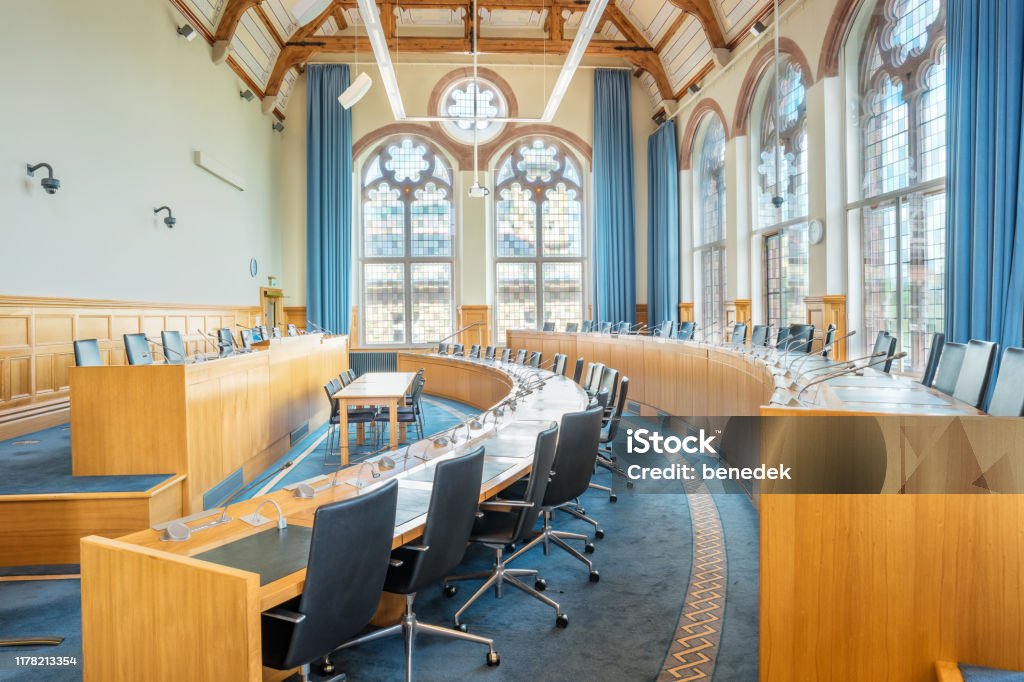 City Council Chamber in Guildhall of Derry Northern Ireland UK Stock photograph of the City Council Chamber in the Guildhall, the city hall of Derry, Northern Ireland, United Kingdom Derry - Northern Ireland Stock Photo