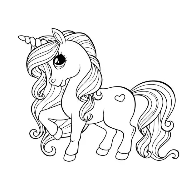 Vector illustration of Cute little unicorn. Black and white illustration for coloring book