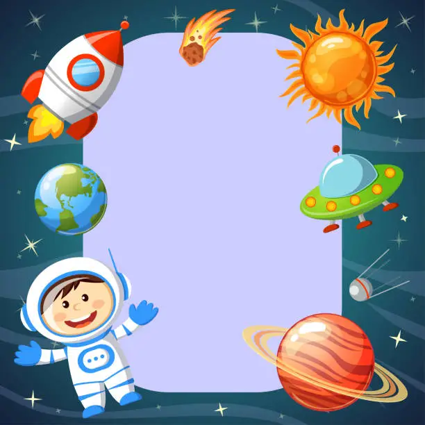Vector illustration of Frame with space theme. Astronaut, Earth, saturn, UFO, rocket, comet, sputnik and stars. Cosmic background