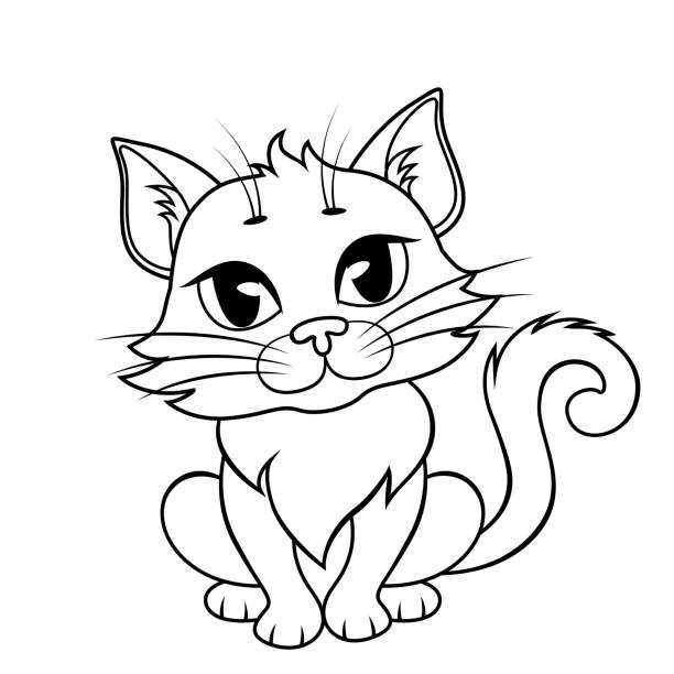 Cute Cartoon Cat Black And White Illustration For Coloring Book Stock  Illustration - Download Image Now - iStock