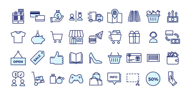 상업, 상점, 쇼핑몰, 소매와 관련된 아이콘. 벡터 일러스트로 채워진 윤곽선 설계 세트 - 바코드 일러스트 stock illustrations