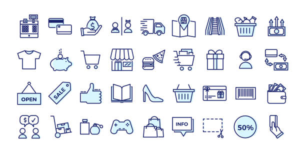 ilustrações de stock, clip art, desenhos animados e ícones de icons related with commerce, shops, shopping malls, retail. vector illustration filled outline design set - shopping mall illustrations