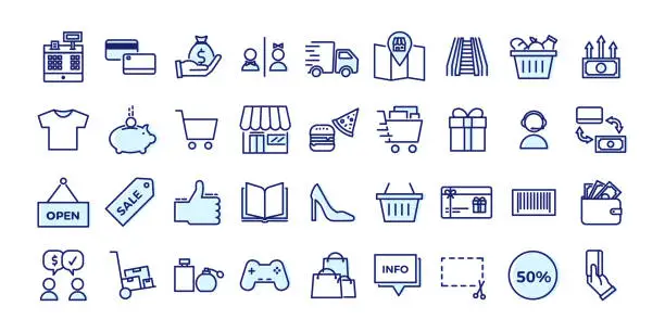 Vector illustration of Icons related with commerce, shops, shopping malls, retail. Vector illustration filled outline design set