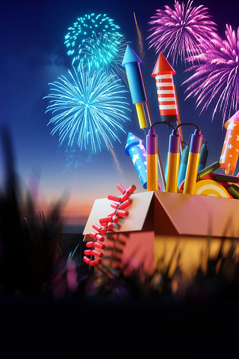 A box full of fireworks and rockets on bonfire night with fireworks lighting up the night sky. 3D illustration.