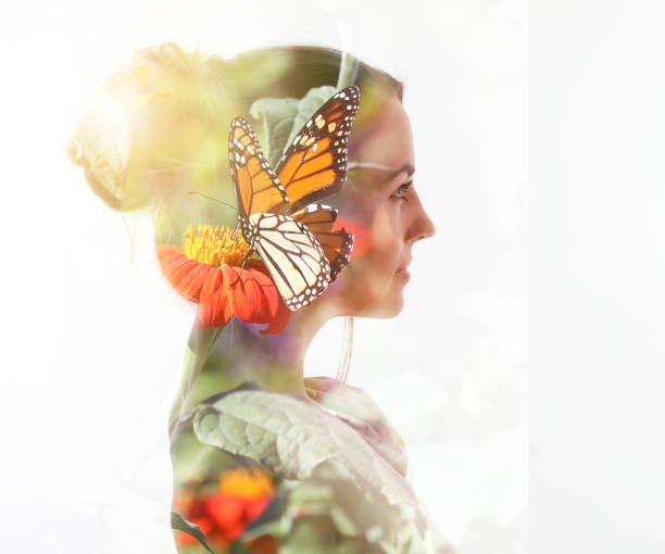 multipel exponering av en ung kvinna, monarkfjärilen och blommor - animal double exposure bildbanksfoton och bilder