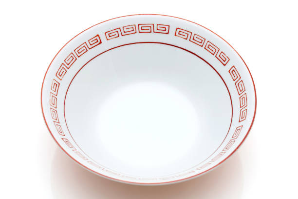 Empty ramen donburi of traditional raimon pattern on white background