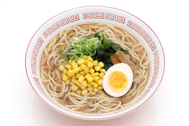 Japanese Soy sauce noodles in a bowl on white background