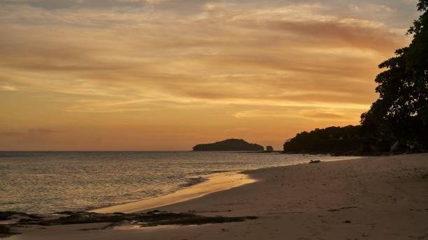 Golden sunset on the beach Playa Cacique of Contadora island in the Pacific Ocean archipelago Las Perlas, Panama isla contadora stock pictures, royalty-free photos & images