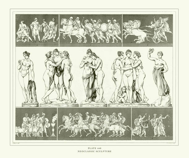 ilustrações, clipart, desenhos animados e ícones de antique gravado, escultura neoclássica gravura antiga ilustração, publicado 1851 - classical greek roman statue warrior