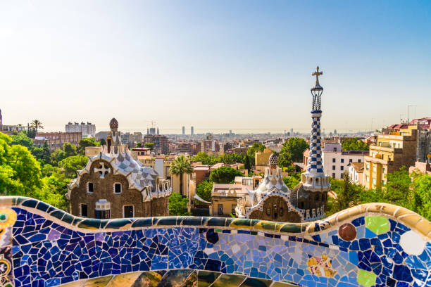 Panoramic view at Barcelona city and mountains in Spain, view from Park Guell