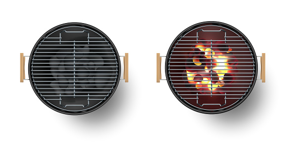 Round empty barbecue grill top view vector set. Unlit grill with Charcoal and another with burning coals. View from above. Realistic bbq vector illustration isolated on white background.