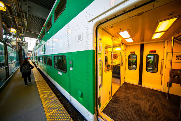 Toronto Union station terminal that service Go Trains, VIA Rail Canada, UP Airport Express and freight trains Toronto, Ontario, Canada-27 May, 2019: Toronto Union station terminal that service Go Trains, VIA Rail Canada, UP Airport Express and freight trains montreal underground city stock pictures, royalty-free photos & images