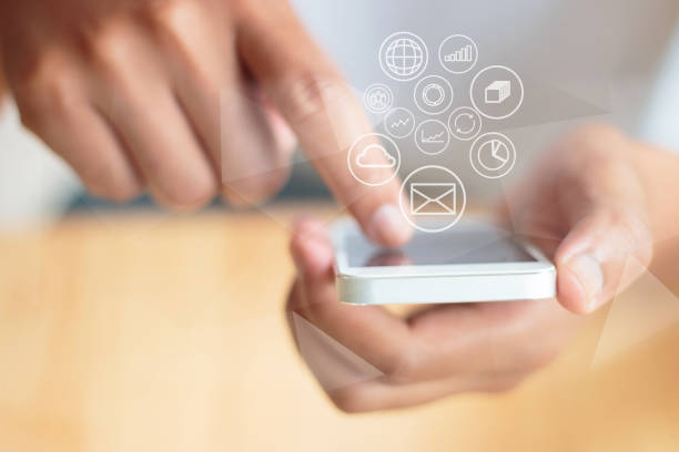 istock Messages icons on virtual screen. Communication concept.hand using phone with email icon, Email concept 1178246633
