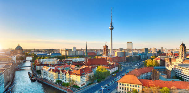 Aerial view of Eastern Berlin on a bright day in Spring including Alexanderplatz Aerial view of Eastern Berlin on a bright day in Spring including Alexanderplatz, panoramic image spree river photos stock pictures, royalty-free photos & images