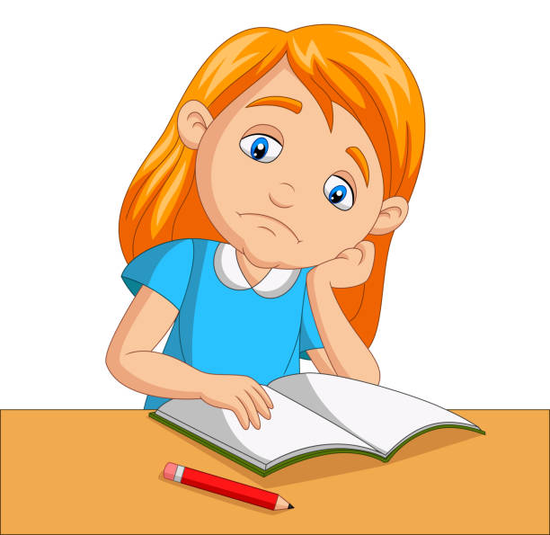 ilustrações de stock, clip art, desenhos animados e ícones de little girl bored studying homework - child thinking writing little girls