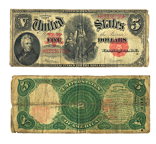 vintage banconota da 5 dollari statunitensi in valuta statunitense - currency us paper currency five dollar bill usa foto e immagini stock