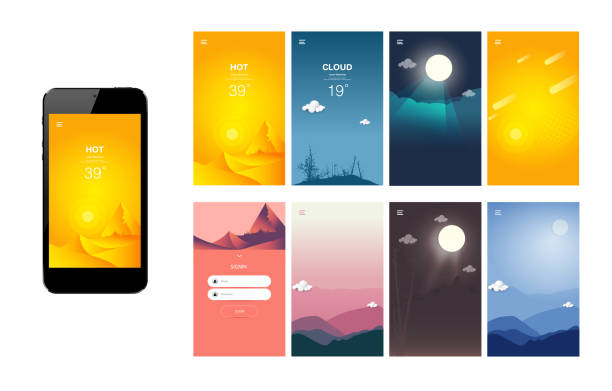 ilustrações de stock, clip art, desenhos animados e ícones de weather app design set modern ui screen design for mobile app with web icons - technology mobile phone cloudscape cloud