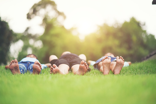 Group of children lying down on green grass outdoors in the park