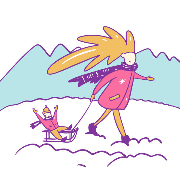 istock Mom carrying her child on a sled. Hand drawn vector illustration. Cartoon style. 1178258436