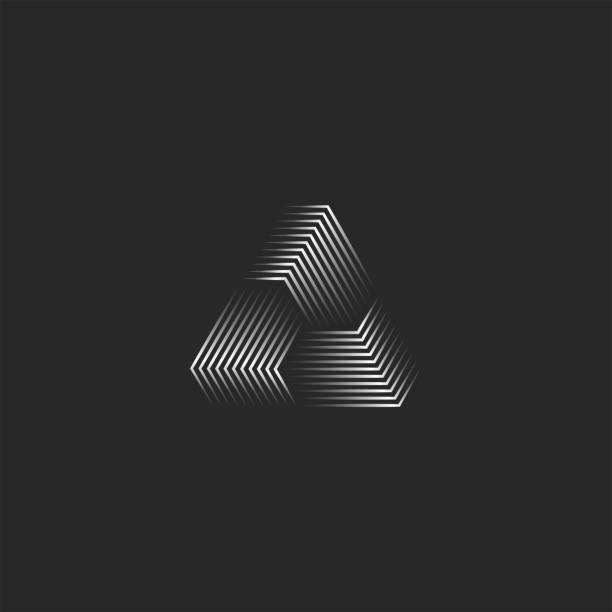 Triangle logo creative 3d pyramid shape black and white thin lines, cyber futuristic geometric infinity form modern minimal style Triangle logo creative 3d pyramid shape black and white thin lines, cyber futuristic geometric infinity form modern minimal style bottomless models stock illustrations