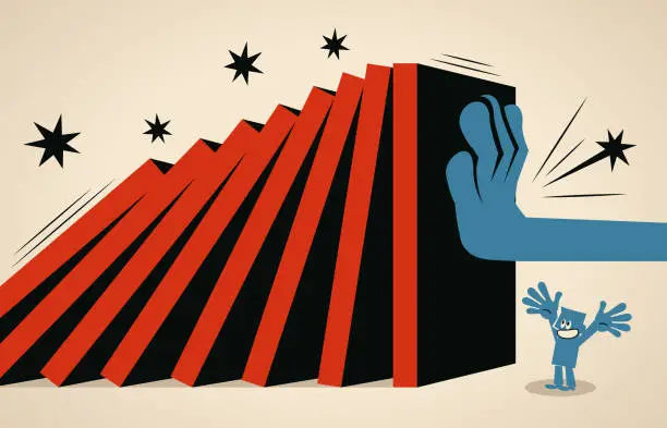 Vector illustration of Big hand stopping domino effect to protect a businessman