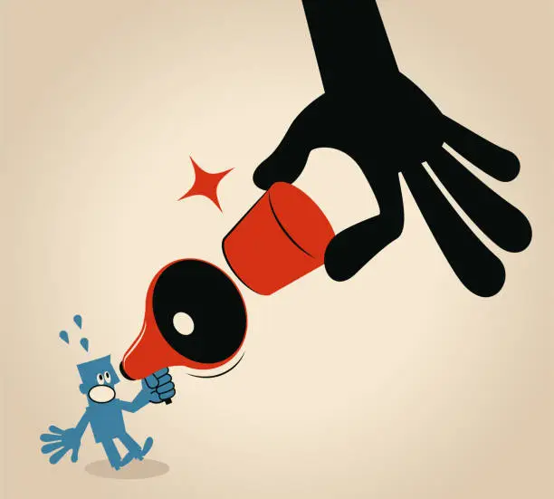 Vector illustration of Freedom of speech, big hand stopping blue man talking with megaphone by a cork