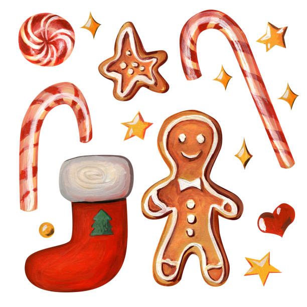 illustrations, cliparts, dessins animés et icônes de ensemble de symboles de noel. - cookie christmas gingerbread man candy cane