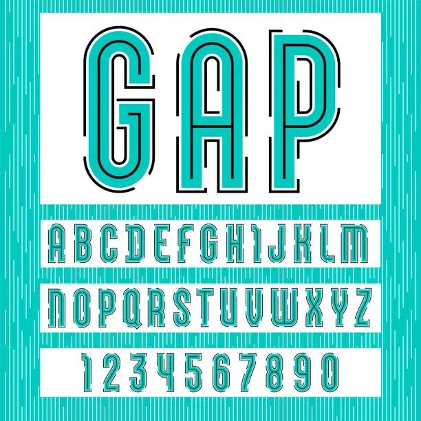 Vector illustration of Alphabet with gap, sans serif font, futuristic turquoise letters and numbers.