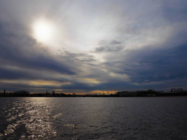 Neva river, Saint-Petersburg, Russia. View on the spit of Vasilyevsky Island. Landscape at stormy day. White Nights. stock photo