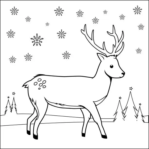 Vector illustration of Deer in the snow. Vector black and white coloring page