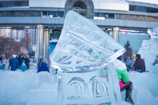 ice sculpture winter frosty day in Tyumen Siberia. Christmas and new year holiday