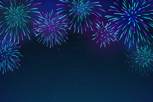 illustrazioni stock, clip art, cartoni animati e icone di tendenza di fuochi d'artificio colorati su sfondo blu scuro. fuochi d'artificio luminosi nel cielo notturno con stelle. bellissimo cielo festivo per un design luminoso. illustrazione vettoriale - firework display pyrotechnics exploding star